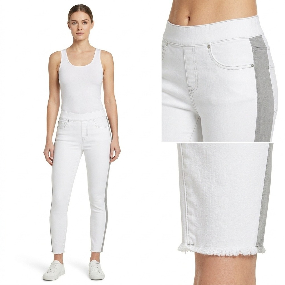 Spanx White Ankle Skinny Jeans Grey Side Stripe Raw Hem 20234R XL White Grey